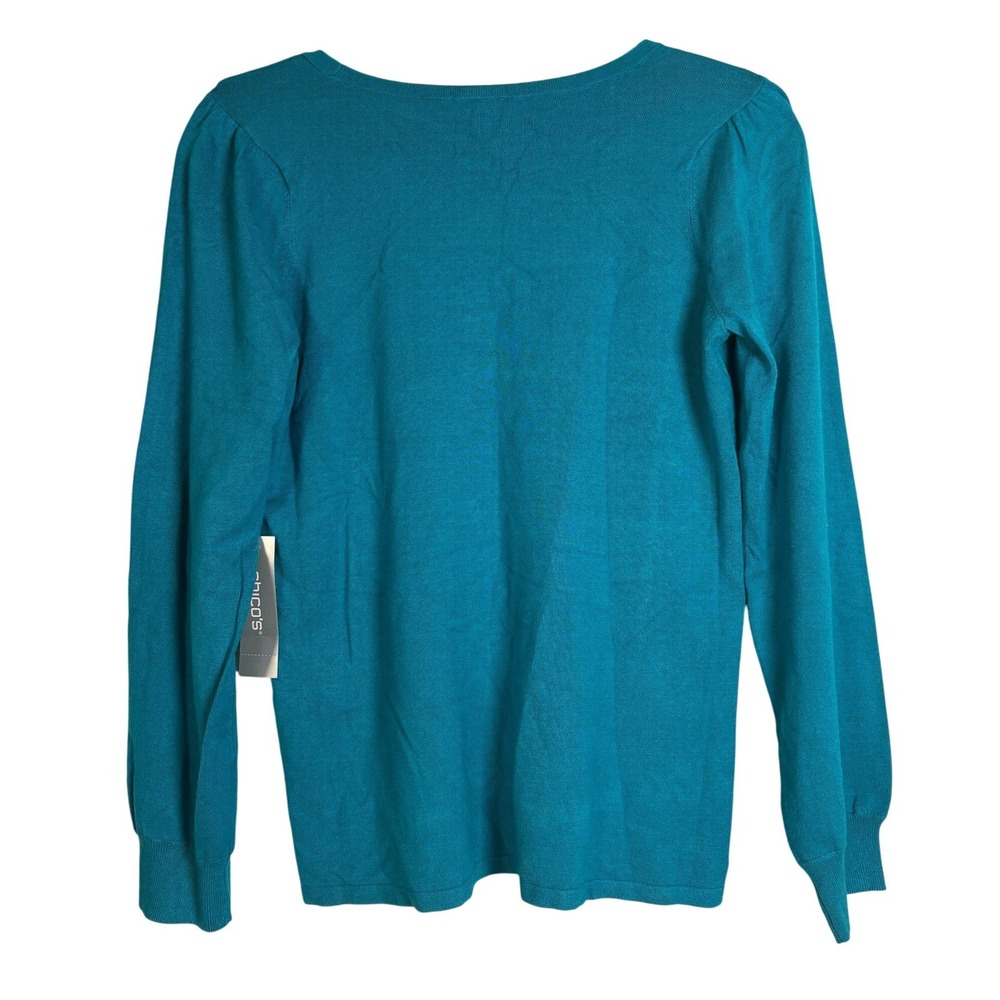 Chicos Teal Blue Crew Neck Puff Shoulder Pullover Sweater Size 0 NEW 805954
